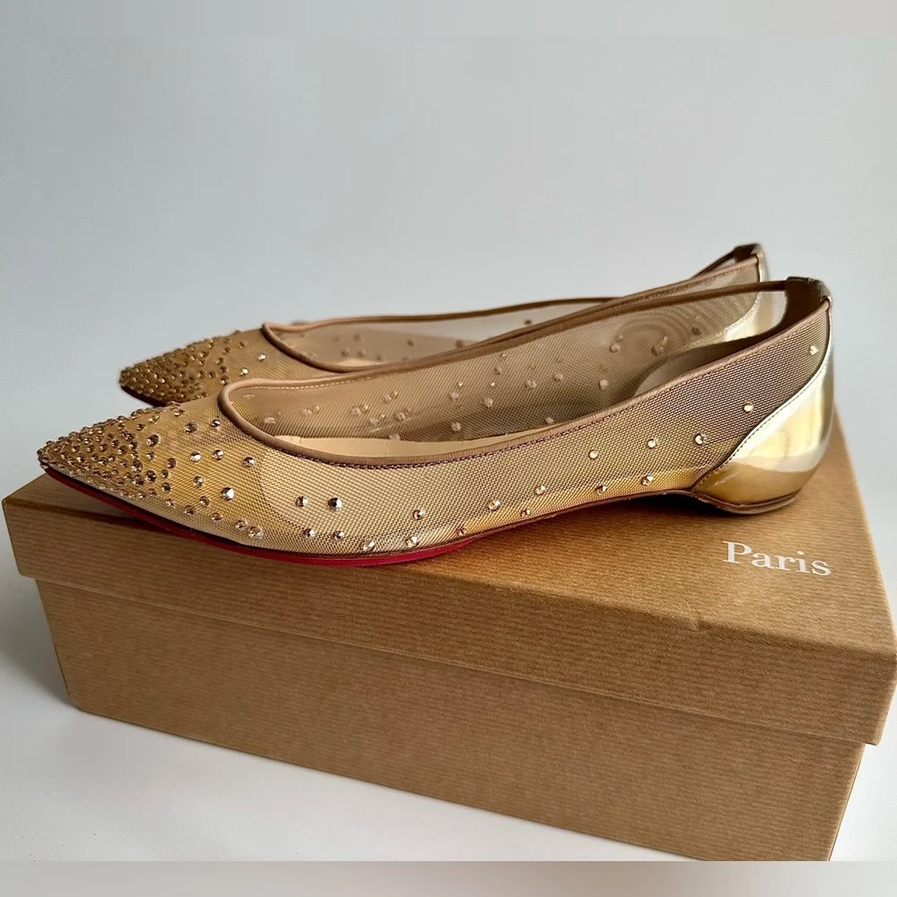 CHRISTIAN LOUBOUTIN Follies Strass Gold Crystal Pointed Toe Ballerina Flats 38 - Picture 7 of 16